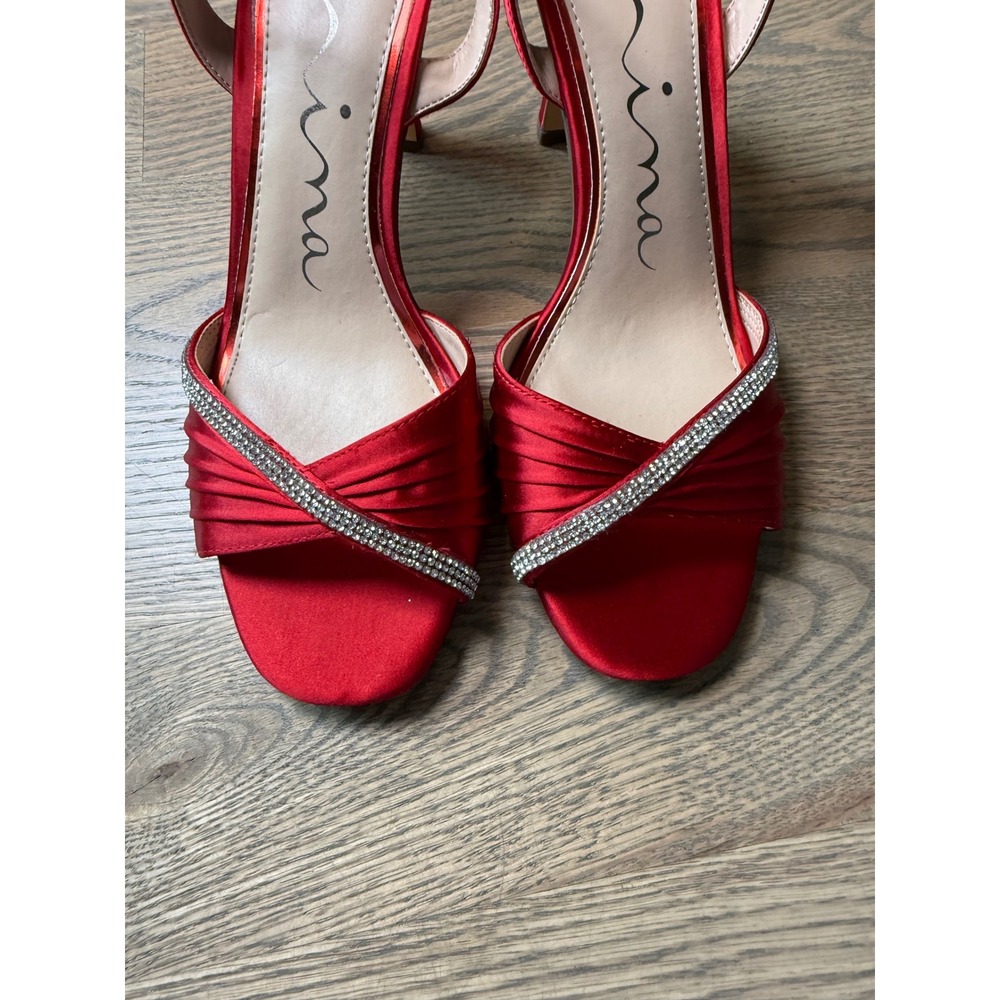 Nina Red Satin Rhinestone Ankle Strap Evening Sandals Heels 8.5M - Picture 2 of 6